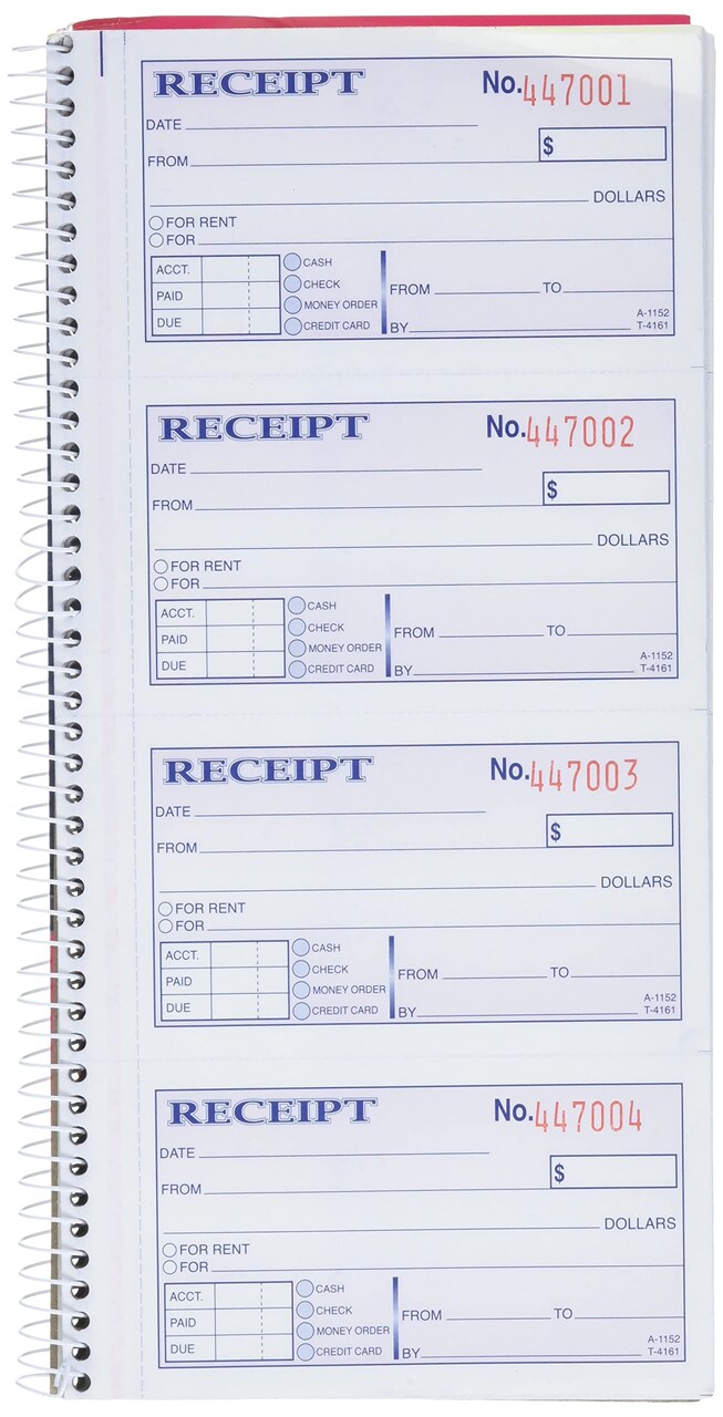 Adams Money and Rent Receipt Book, 2-Part Carbonless, 5-1/4&#x22; x 11&#x22;, Spiral Bound, 200 Sets per Book, 4 Receipts per Page (SC1152)